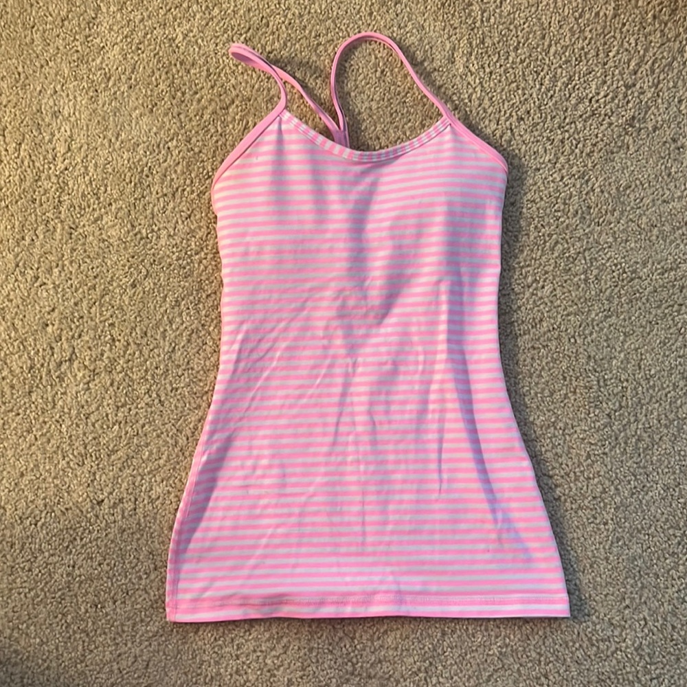 Pink and white striped Lululemon Power Y tank top